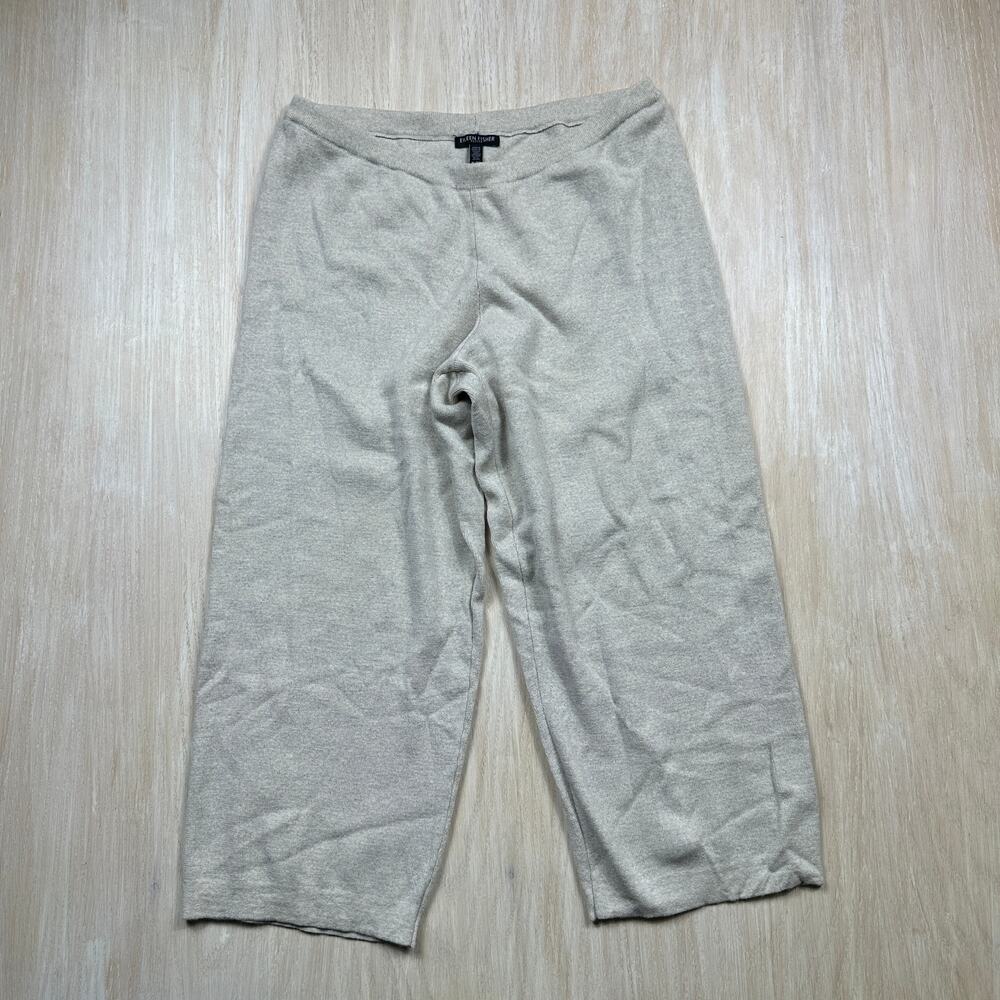 Eileen Fisher Oatmeal 100% Wool Knit Pull On Elastic Waist Wide Leg Pants PL